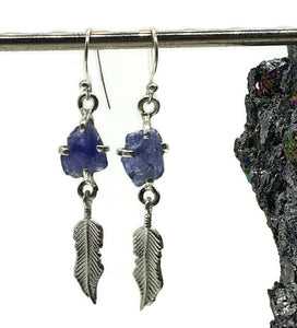 Raw Tanzanite Feather Earrings, Sterling Silver, Blue / Purple Gem, Psychic Stone - GemzAustralia 