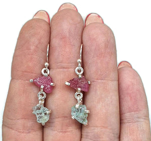 Raw Ruby & Aquamarine Earrings, Sterling Silver, July and March Birthstones - GemzAustralia 