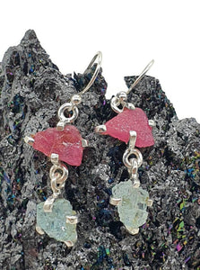 Raw Ruby & Aquamarine Earrings, Sterling Silver, July and March Birthstones - GemzAustralia 