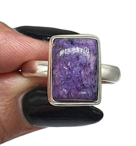 Charoite Ring, Sterling Silver, Size 11, Rectangle Shape, Swirls of Violet - GemzAustralia 