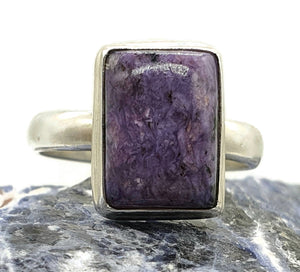 Charoite Ring, Sterling Silver, Size 11, Rectangle Shape, Swirls of Violet - GemzAustralia 