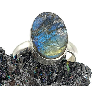 Raw Labradorite Ring, Size 7, Sterling Silver, Oval Shaped, Blue Green Labradorite - GemzAustralia 