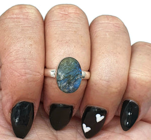 Raw Labradorite Ring, Size 7, Sterling Silver, Oval Shaped, Blue Green Labradorite - GemzAustralia 