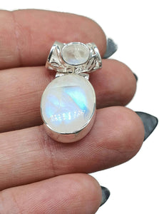 Rainbow Moonstone Pendant, Sterling Silver, Oval Shape, Goddess Gemstone - GemzAustralia 