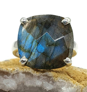 Labradorite Ring, Size 6.75, Sterling Silver, Checkerboard faceted, Square Shape - GemzAustralia 