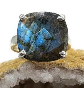 Labradorite Ring, Size 6.75, Sterling Silver, Checkerboard faceted, Square Shape - GemzAustralia 