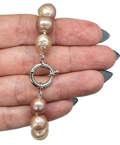 Baroque Pearl Bracelet, Sterling Silver, Pink Peach Purple Baroque Pearl, 22 cm long - GemzAustralia 