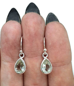 Prasiolite Earrings, Pear Faceted, Green Amethyst Gemstone, Sterling Silver, Bezel Set - GemzAustralia 