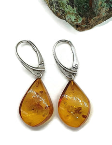 Baltic Amber Earrings, Pear Shaped, 50 million years old, Sterling Silver, Fossilized - GemzAustralia 