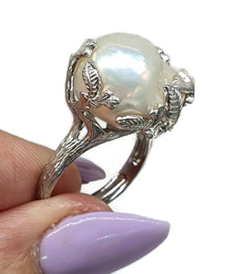 Baroque Pearl Ring, Size 8, Sterling Silver, Adjustable, Giant Flameball Fireball Pearl - GemzAustralia 