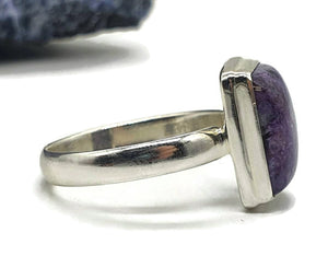 Charoite Ring, Sterling Silver, Size 11, Rectangle Shape, Swirls of Violet - GemzAustralia 