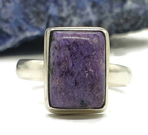 Charoite Ring, Sterling Silver, Size 11, Rectangle Shape, Swirls of Violet - GemzAustralia 