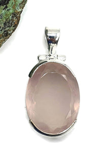 Rose Quartz Pendant, 24 Carats, Sterling Silver, Oval Faceted, Love Stone - GemzAustralia 