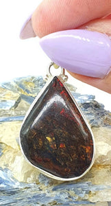 Red Ammolite Pendant, Sterling Silver, Teardrop Shaped, Opal like Gemstone - GemzAustralia 