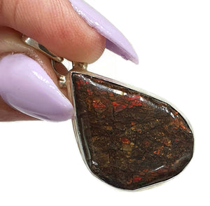 Red Ammolite Pendant, Sterling Silver, Teardrop Shaped, Opal like Gemstone - GemzAustralia 