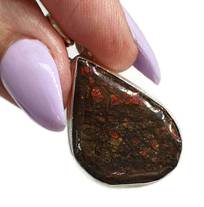 Red Ammolite Pendant, Sterling Silver, Teardrop Shaped, Opal like Gemstone - GemzAustralia 