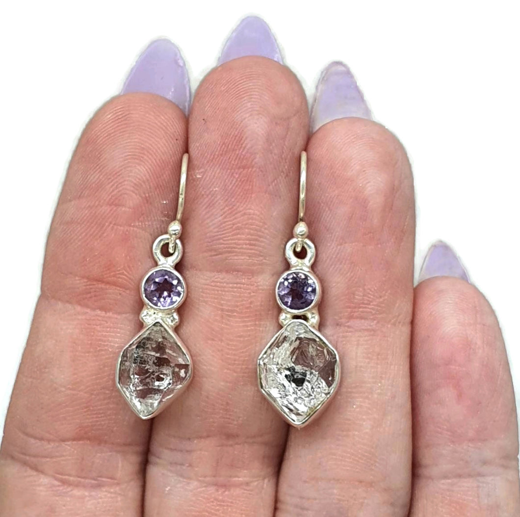 Herkimer Diamond & Amethyst Earrings, April & February Birthstones, Sterling Silver - GemzAustralia 