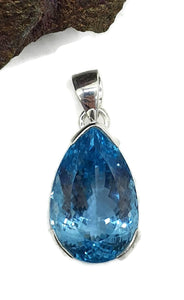 Swiss Blue Topaz Pendant, Huge 36 carats, Pear Faceted, Sterling Silver, December Gem - GemzAustralia 