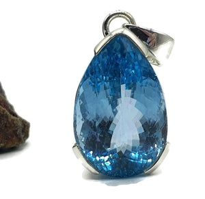 Swiss Blue Topaz Pendant, Huge 36 carats, Pear Faceted, Sterling Silver, December Gem - GemzAustralia 