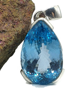 Swiss Blue Topaz Pendant, Huge 36 carats, Pear Faceted, Sterling Silver, December Gem - GemzAustralia 