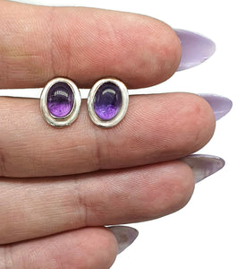 Amethyst Studs, Sterling Silver, Oval Shaped, Cabochon Earrings, Solitaire studs - GemzAustralia 