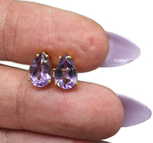 Load image into Gallery viewer, Amethyst Studs, Pear Shaped, Sterling Silver, 18K Gold Plated, 2 carats, February Birthstone - GemzAustralia 