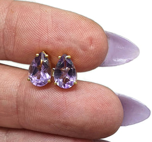Amethyst Studs, Pear Shaped, Sterling Silver, 18K Gold Plated, 2 carats, February Birthstone - GemzAustralia 