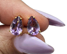 Load image into Gallery viewer, Amethyst Studs, Pear Shaped, Sterling Silver, 18K Gold Plated, 2 carats, February Birthstone - GemzAustralia 