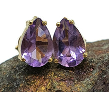 Load image into Gallery viewer, Amethyst Studs, Pear Shaped, Sterling Silver, 18K Gold Plated, 2 carats, February Birthstone - GemzAustralia 
