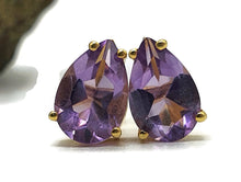 Load image into Gallery viewer, Amethyst Studs, Pear Shaped, Sterling Silver, 18K Gold Plated, 2 carats, February Birthstone - GemzAustralia 