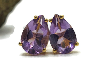 Amethyst Studs, Pear Shaped, Sterling Silver, 18K Gold Plated, 2 carats, February Birthstone - GemzAustralia 