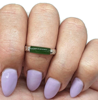 Canadian Nephrite Jade Bar Ring, Size 8, Sterling Silver, British Columbia Green Jade - GemzAustralia 