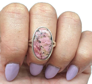 Rhodonite & Black Manganese Ring, Size 9, Sterling Silver, Pink Manganese - GemzAustralia 
