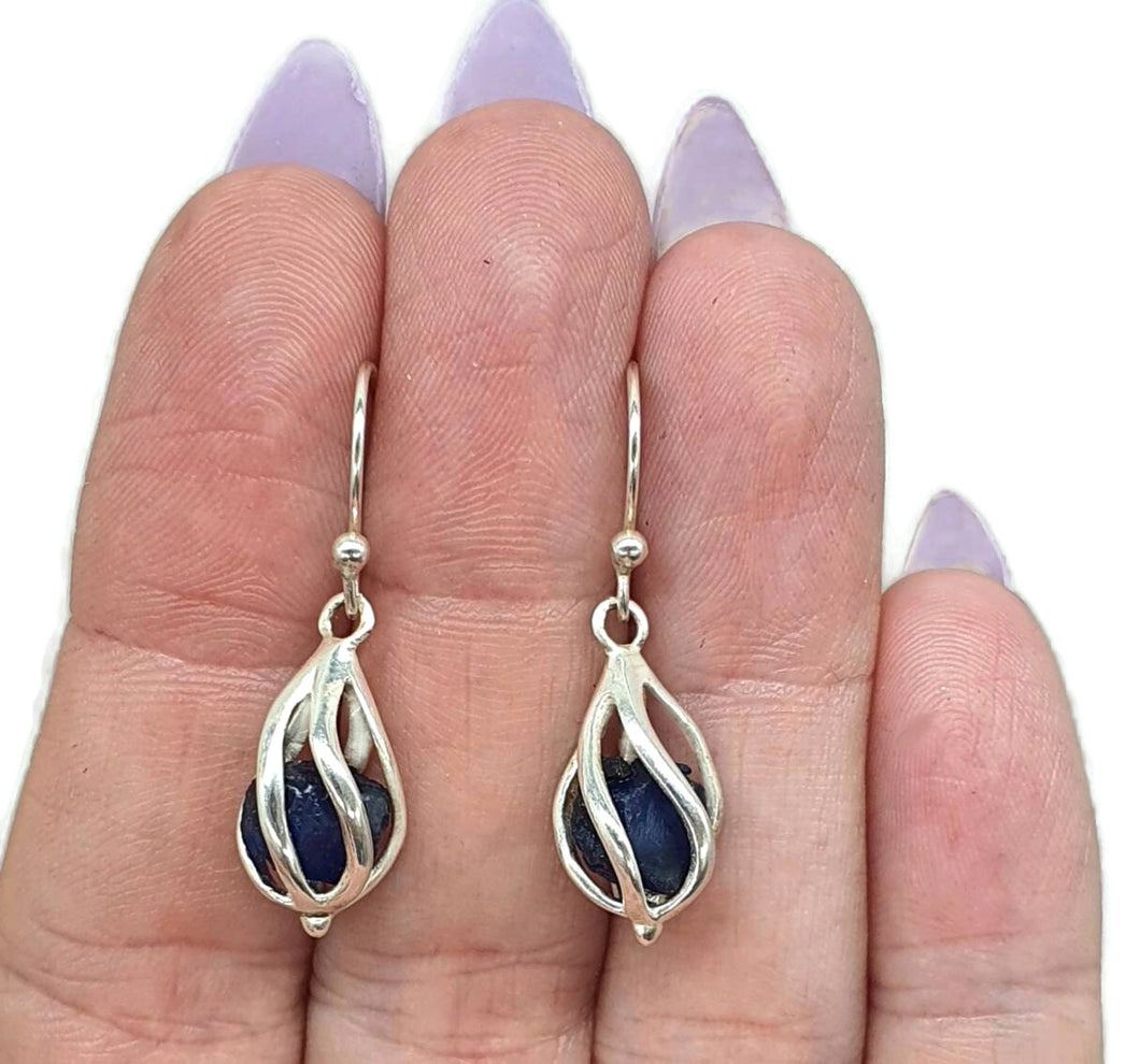 September Birthstone Earrings, Raw Sapphire Cage Earrings, Sterling Silver - GemzAustralia 