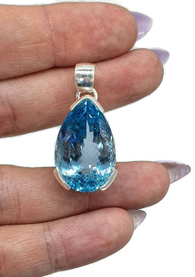 Swiss Blue Topaz Pendant, Huge 36 carats, Pear Faceted, Sterling Silver, December Gem - GemzAustralia 