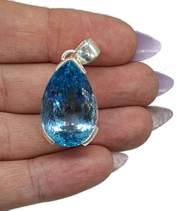 Swiss Blue Topaz Pendant, Huge 36 carats, Pear Faceted, Sterling Silver, December Gem - GemzAustralia 