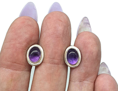 Amethyst Studs, Sterling Silver, Oval Shaped, Cabochon Earrings, Solitaire studs - GemzAustralia 