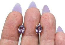 Load image into Gallery viewer, Amethyst Studs, Pear Shaped, Sterling Silver, 18K Gold Plated, 2 carats, February Birthstone - GemzAustralia 