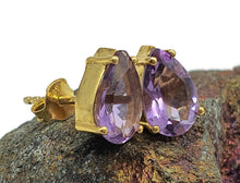 Load image into Gallery viewer, Amethyst Studs, Pear Shaped, Sterling Silver, 18K Gold Plated, 2 carats, February Birthstone - GemzAustralia 