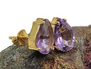 Amethyst Studs, Pear Shaped, Sterling Silver, 18K Gold Plated, 2 carats, February Birthstone - GemzAustralia 